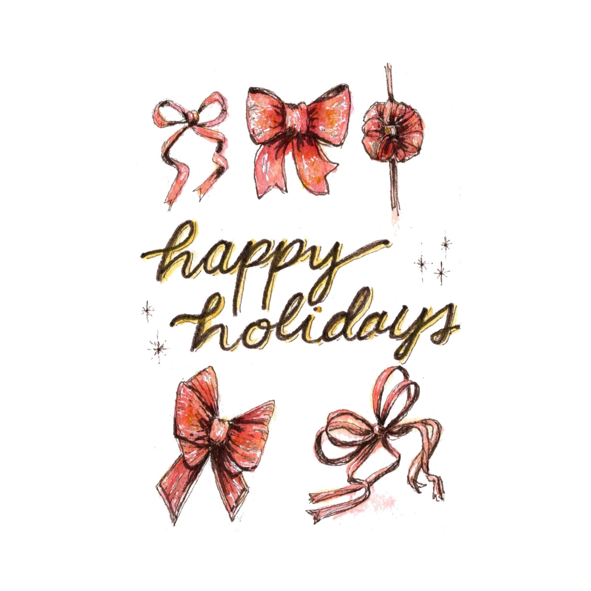 happy holidays bows greeting card front, watercolor and ink illustration
