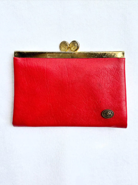 a pair of dice hand-painted on a vintage red buxton leather kiss-lock wallet — detail