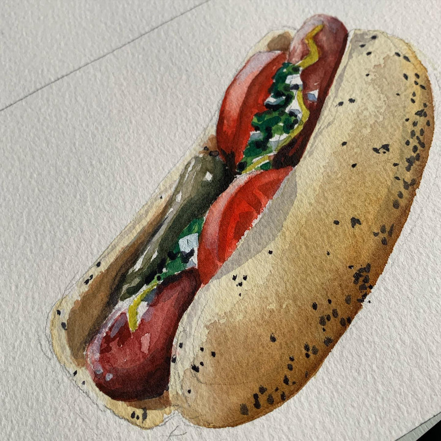 watercolor chicago-style hot dog