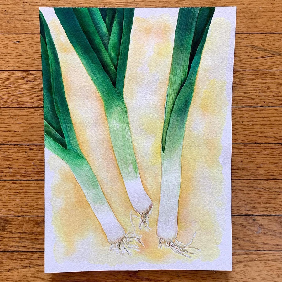 watercolor close-up of leeks