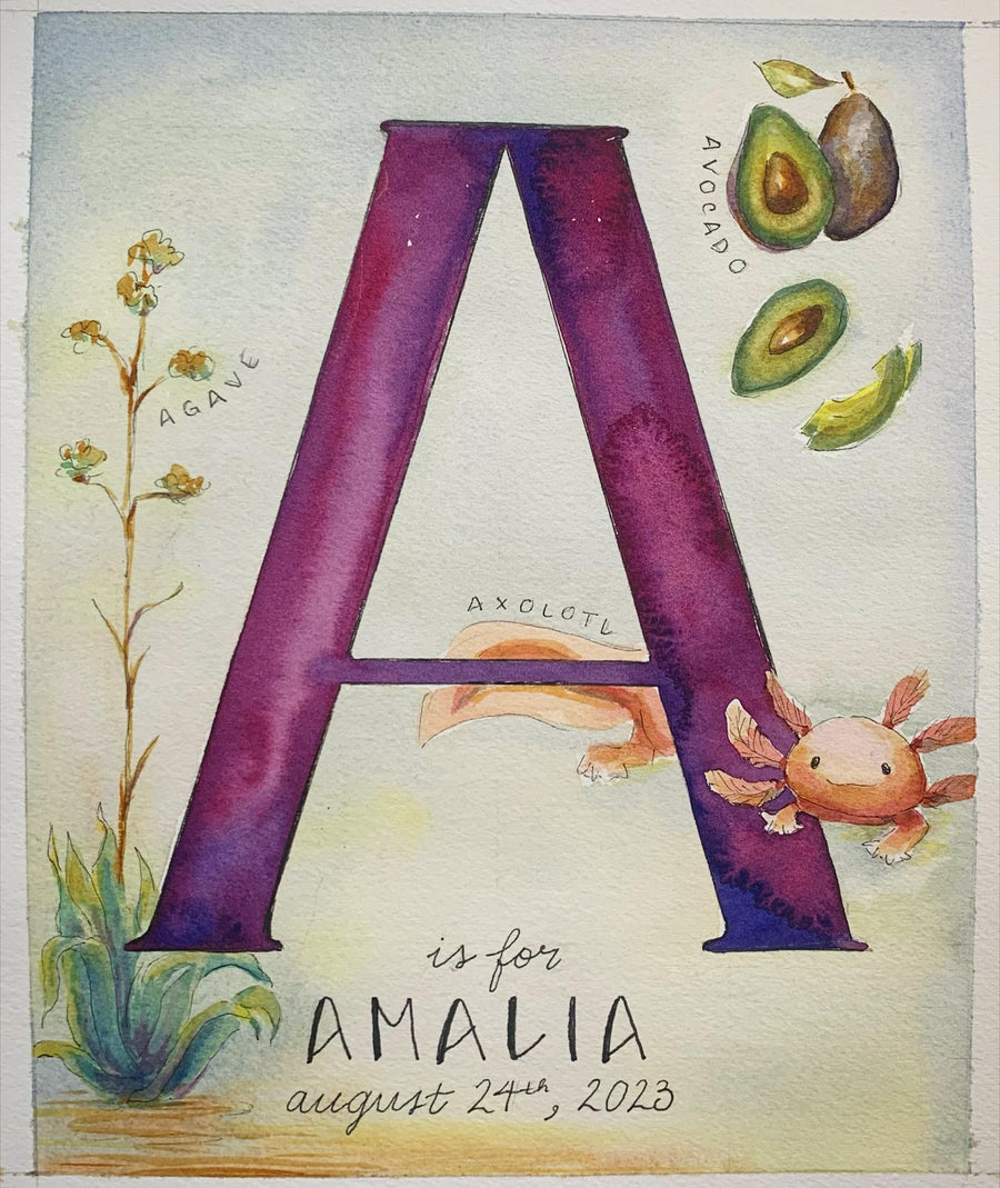 illustrated watercolor monogram letter a