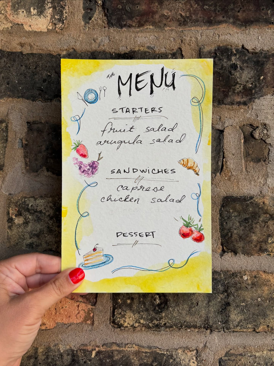hand-lettered watercolor dinner menu