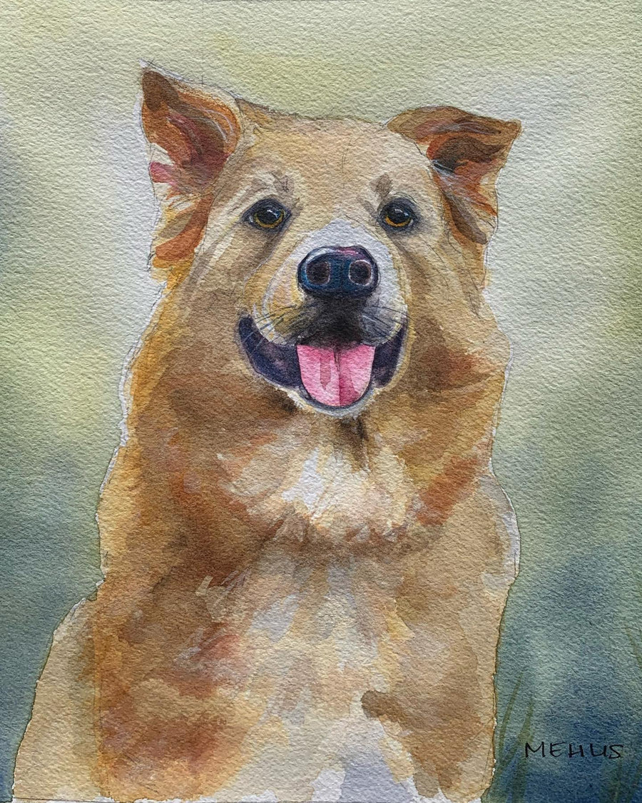 watercolor pet portrait of a fluffy golden dog