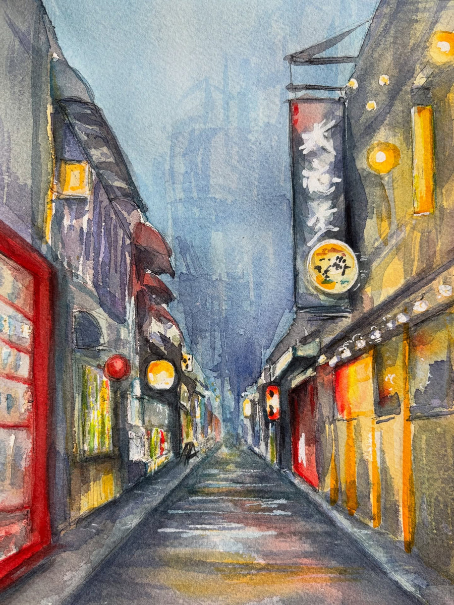 watercolor kyoto alley at dusk