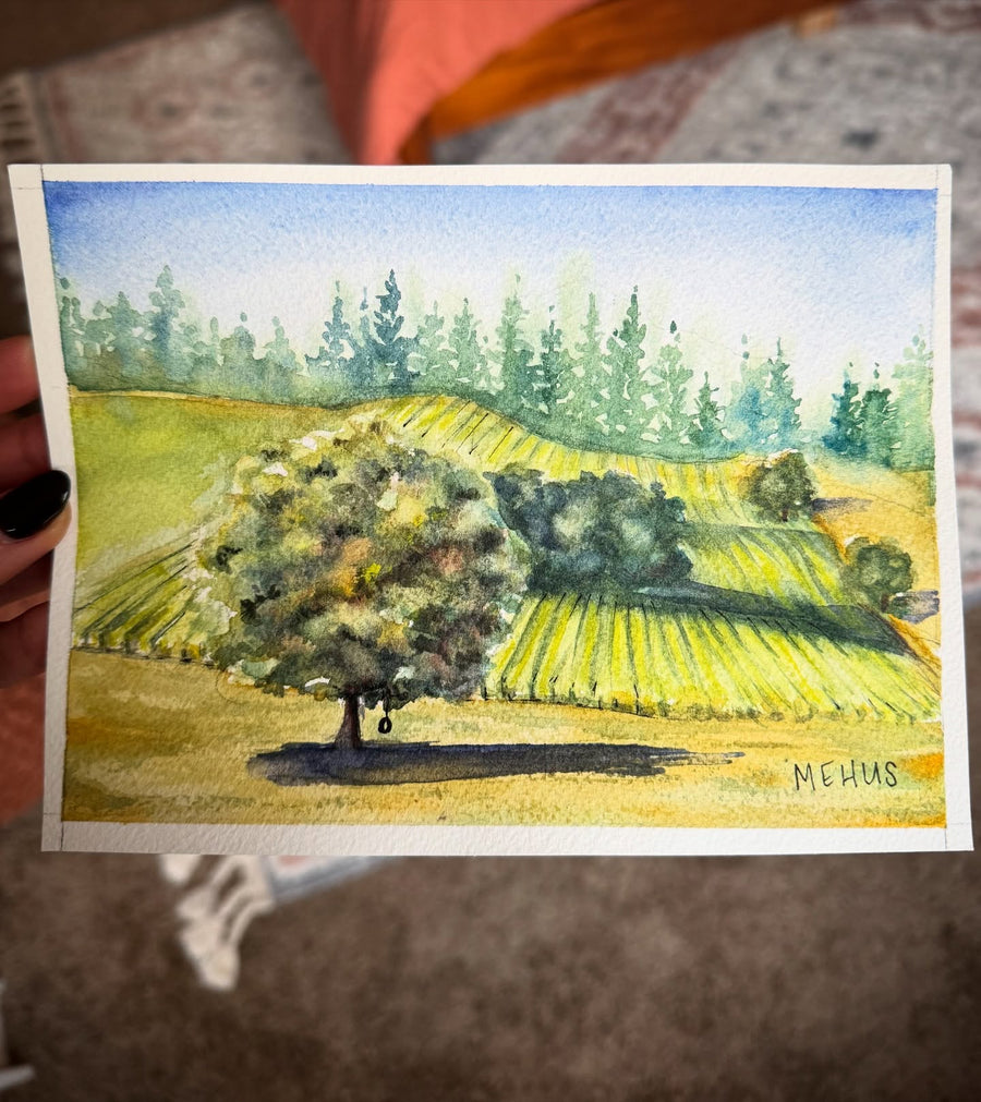 watercolor vineyard landscape with a tree