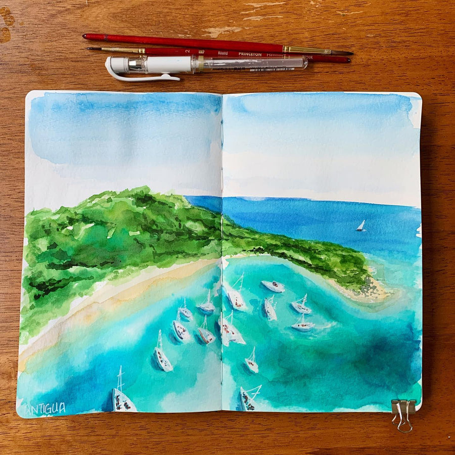 sketchbook watercolor of a turquoise beach cove
