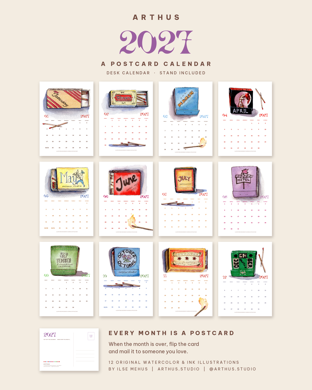2027 postcard desk calendar with wood stand, illustrated vintage matchbooks