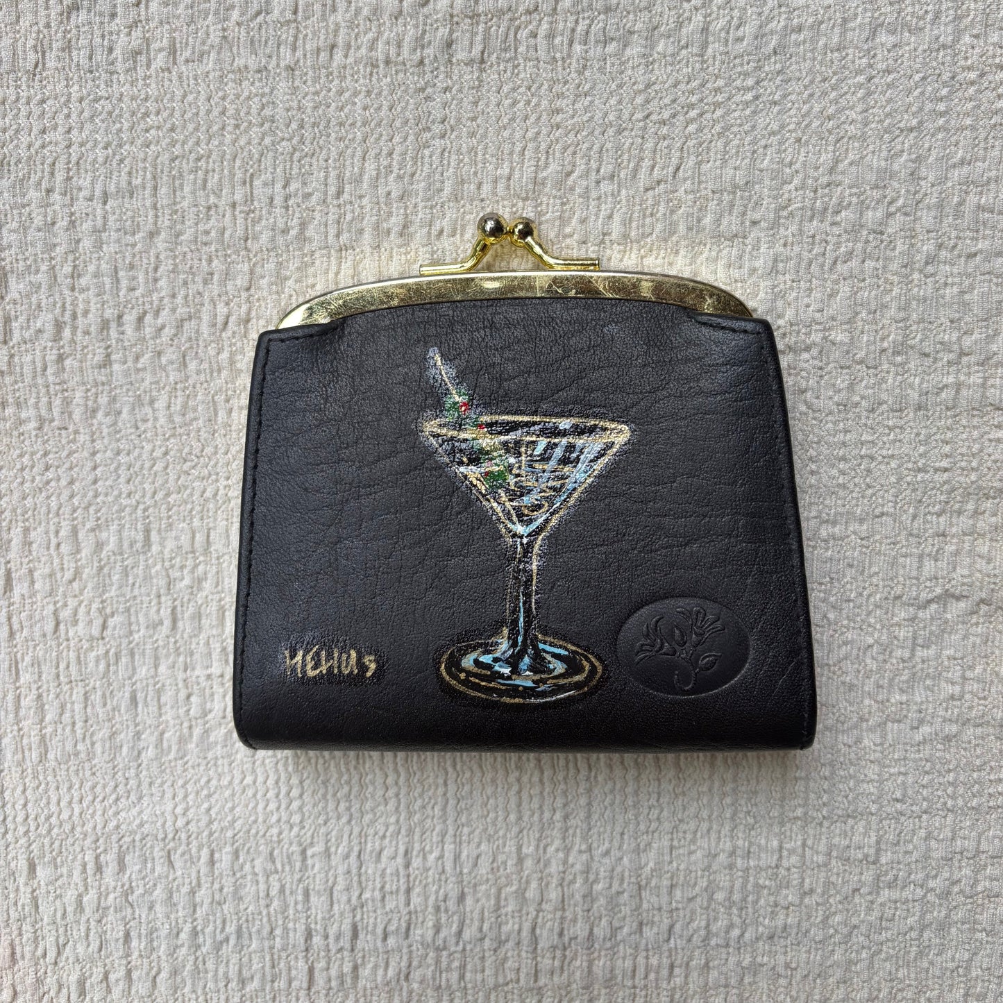 hand-painted vintage buxton leather coin purse | martini original art kiss-lock pouch