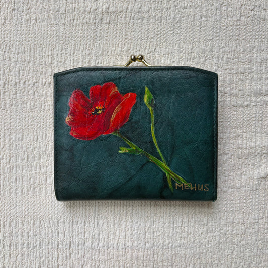 hand-painted vintage buxton heiress leather coin purse | red poppy original art kiss-lock pouch wallet