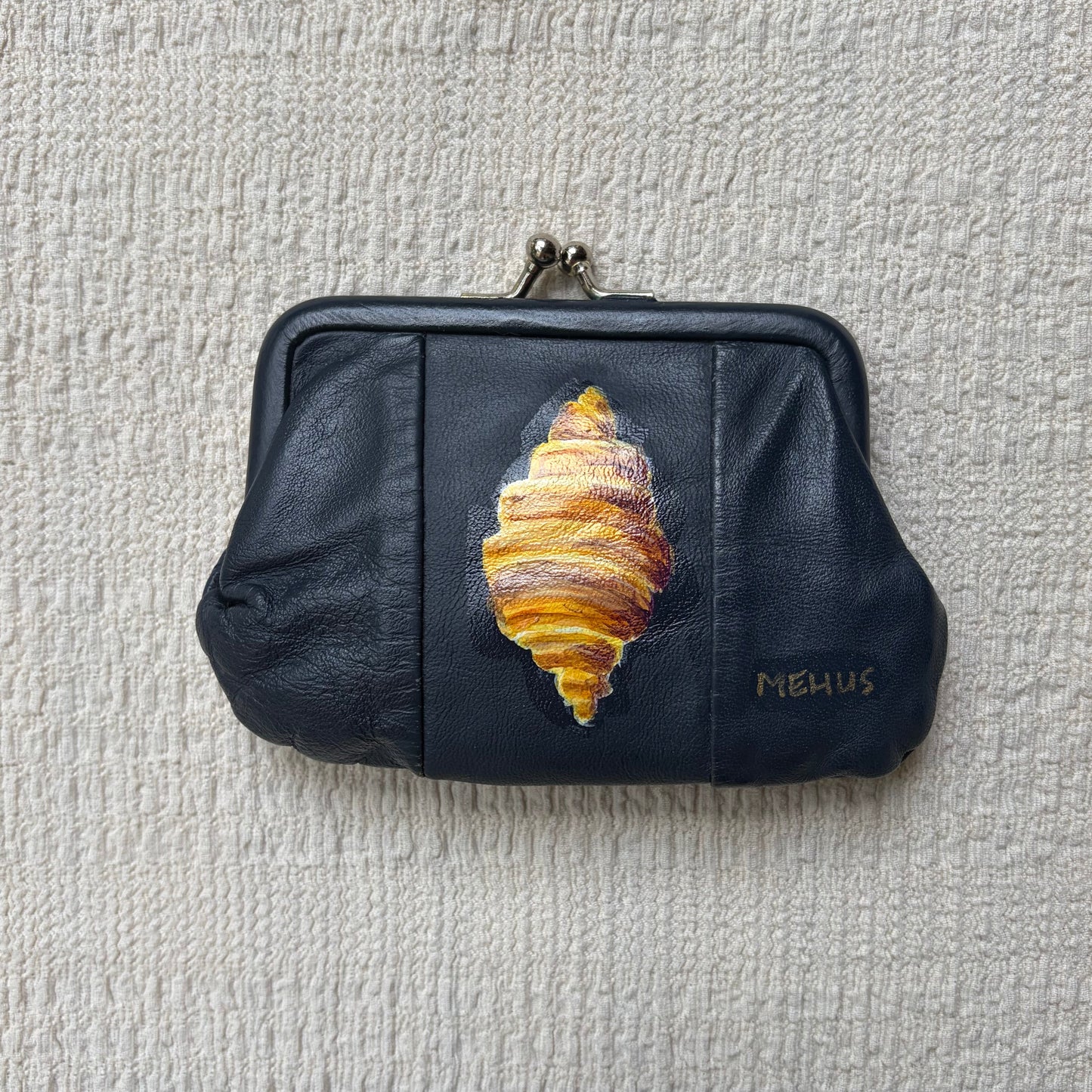 hand-painted vintage gimbels leather coin purse | croissant original art kiss-lock pouch