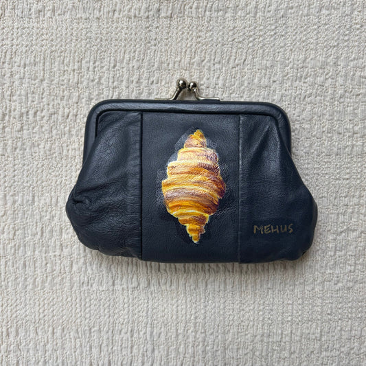 hand-painted vintage gimbels leather coin purse | croissant original art kiss-lock pouch