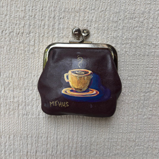 hand-painted vintage étienne aigner italian leather coin purse | coffee cup original art kiss-lock pouch