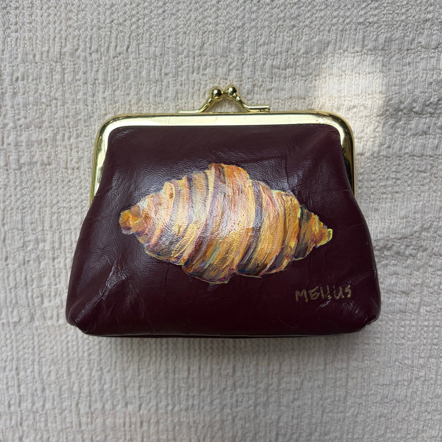 hand-painted vintage buxton leather coin purse | croissant original art kiss-lock pouch