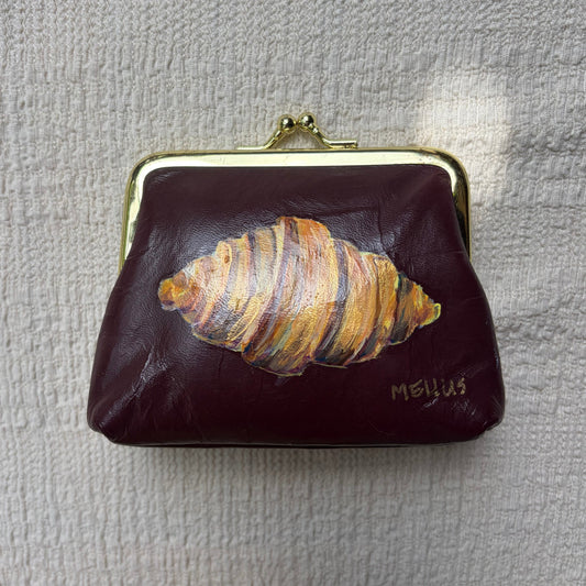 hand-painted vintage buxton leather coin purse | croissant original art kiss-lock pouch