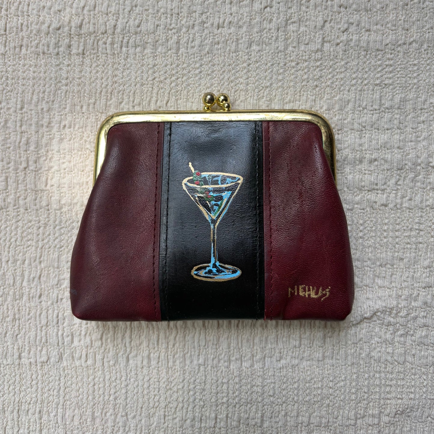 hand-painted vintage buxton leather coin purse | martini original art kiss-lock pouch