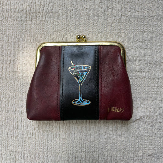 hand-painted vintage buxton leather coin purse | martini original art kiss-lock pouch