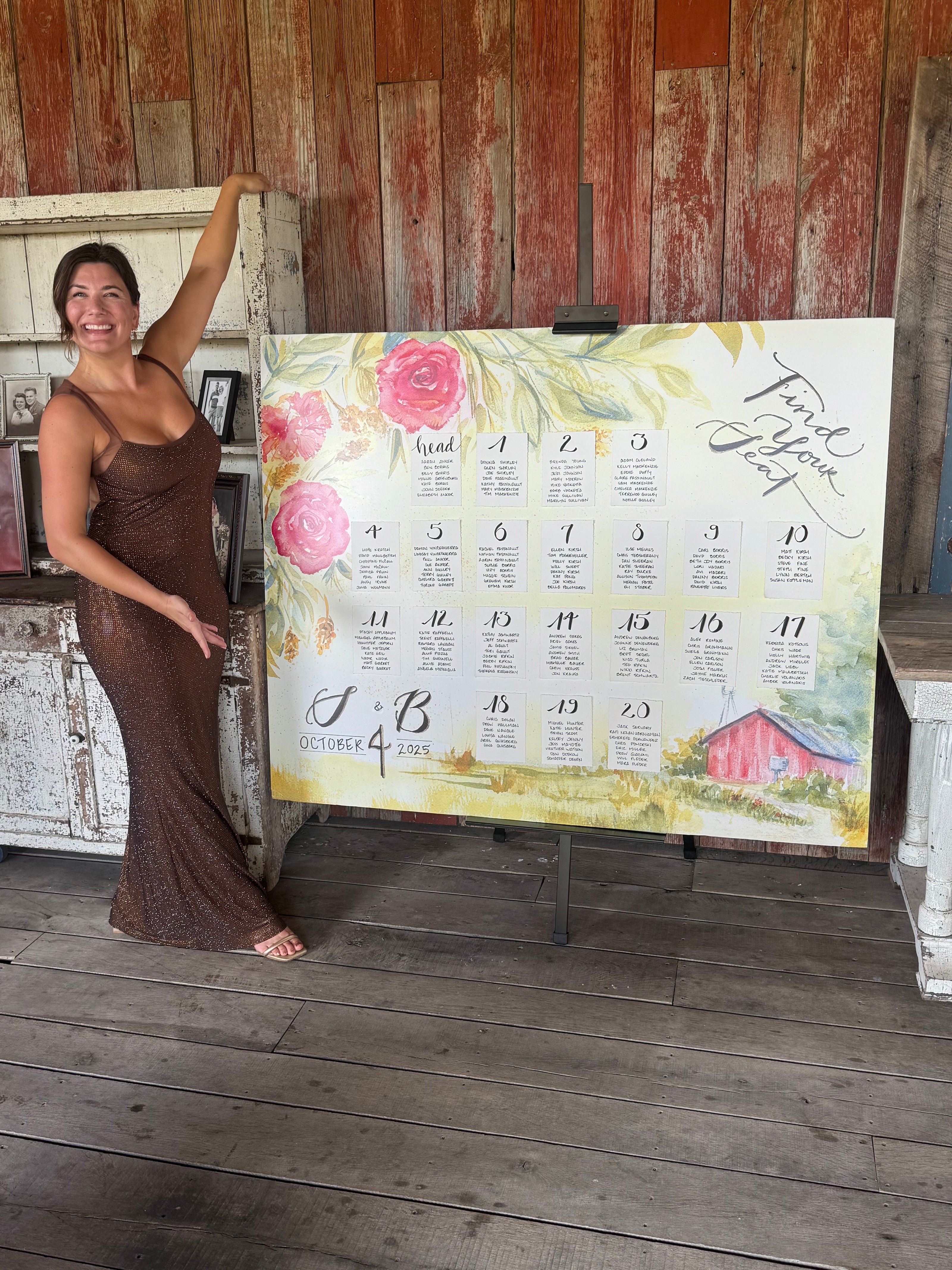 ilse mehus with her hand-painted watercolor wedding seating chart, a custom commission
