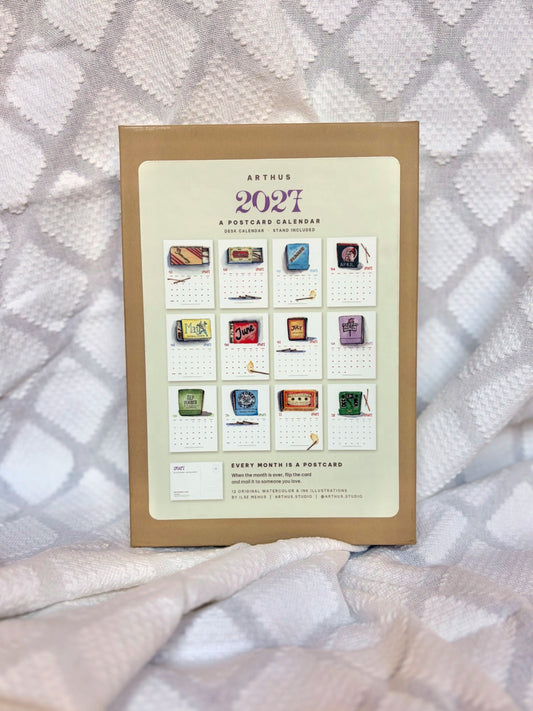 arthus 2027 postcard calendar box showing all 12 illustrated matchbook months