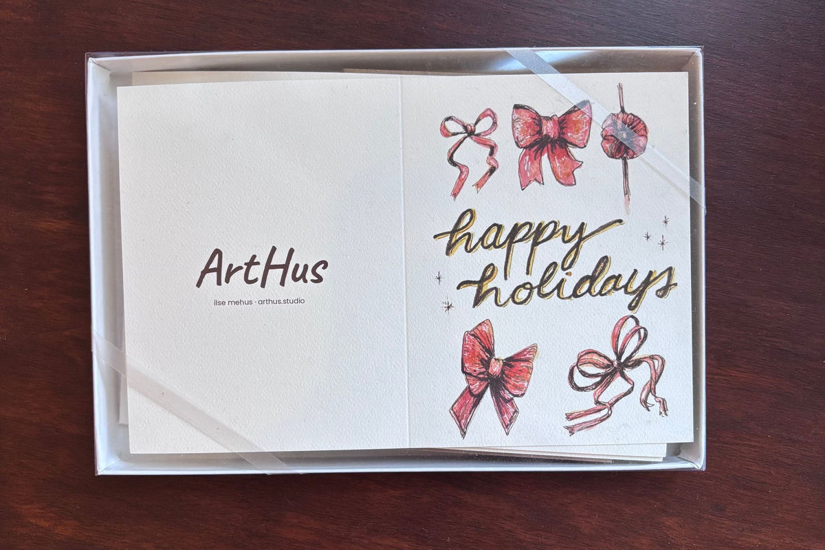 happy holidays bows card set in its clear gift box