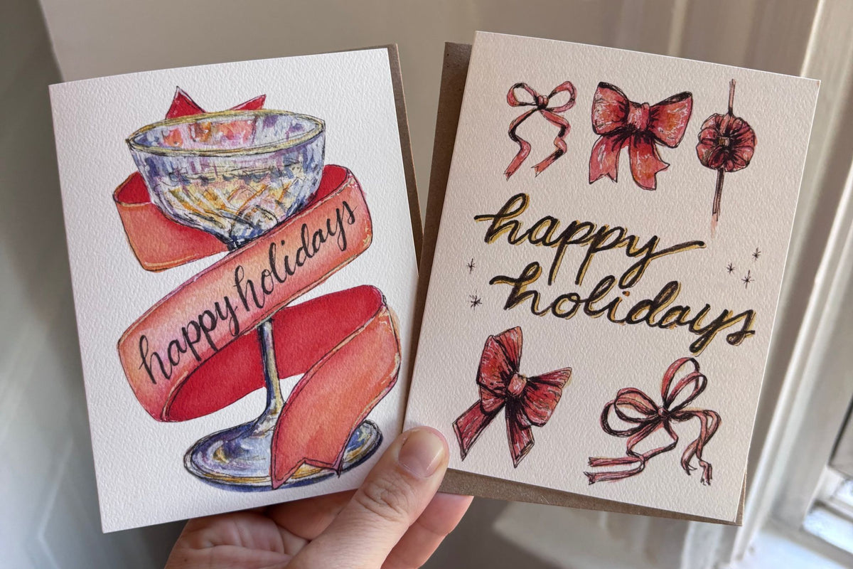 happy holidays bows and champagne watercolor greeting cards side by side