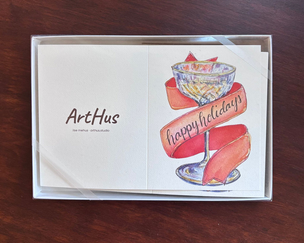 happy holidays champagne card set in its clear gift box