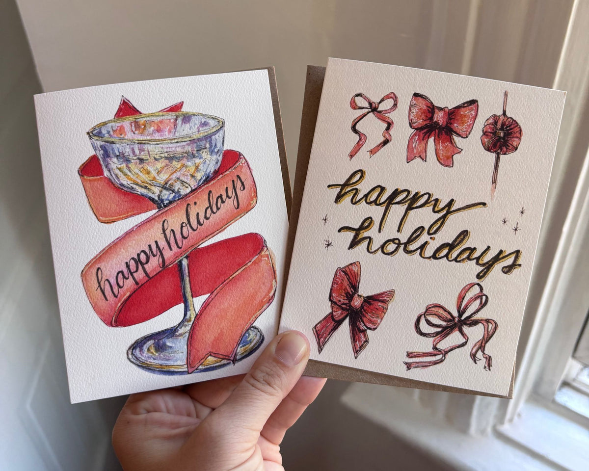 happy holidays champagne and bows watercolor greeting cards side by side