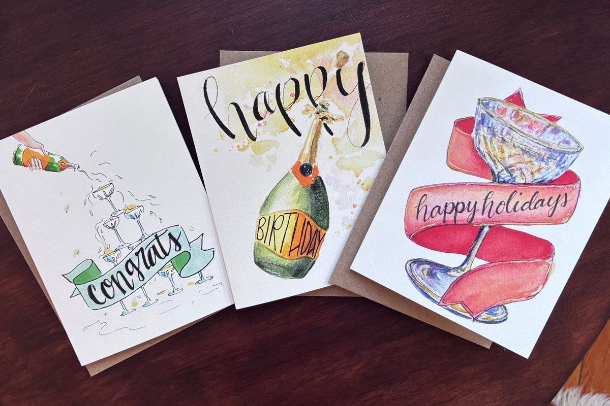 arthus congrats, happy birthday and happy holidays champagne greeting cards together