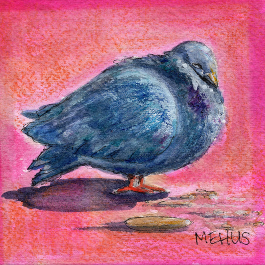 pigeon watercolor and ink art print by arthus, a plump city pigeon on a pink and coral background