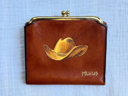 golden cowboy hat hand-painted on a vintage brown buxton leather kiss-lock wallet