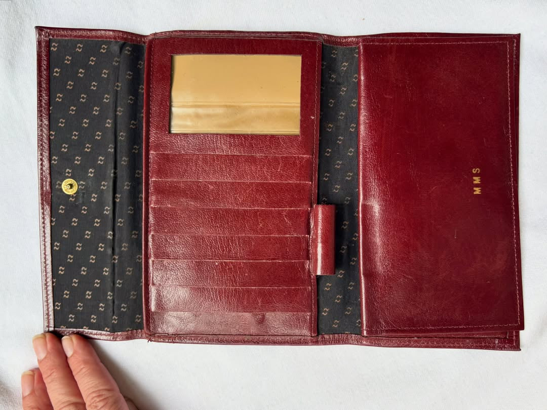 bamboo mahjong tile hand-painted on a vintage oxblood rolfs leather wallet — another view
