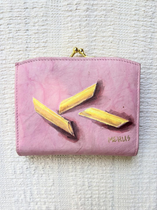 penne pasta hand-painted on a vintage pink buxton leather kiss-lock wallet