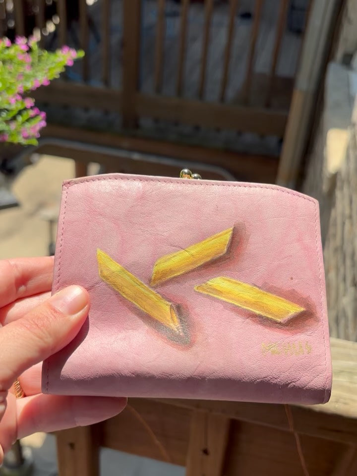 penne pasta hand-painted on a vintage pink buxton leather kiss-lock wallet — another view