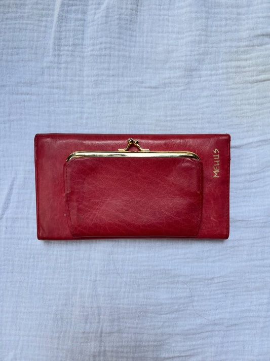 ravioli hand-painted on a vintage red buxton leather bifold wallet — detail