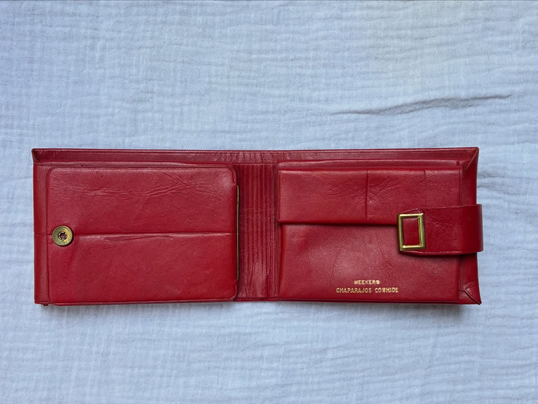 ravioli hand-painted on a vintage red meeker leather wallet — detail