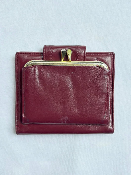 wine glasses and a bottle hand-painted on a vintage burgundy buxton leather wallet — detail