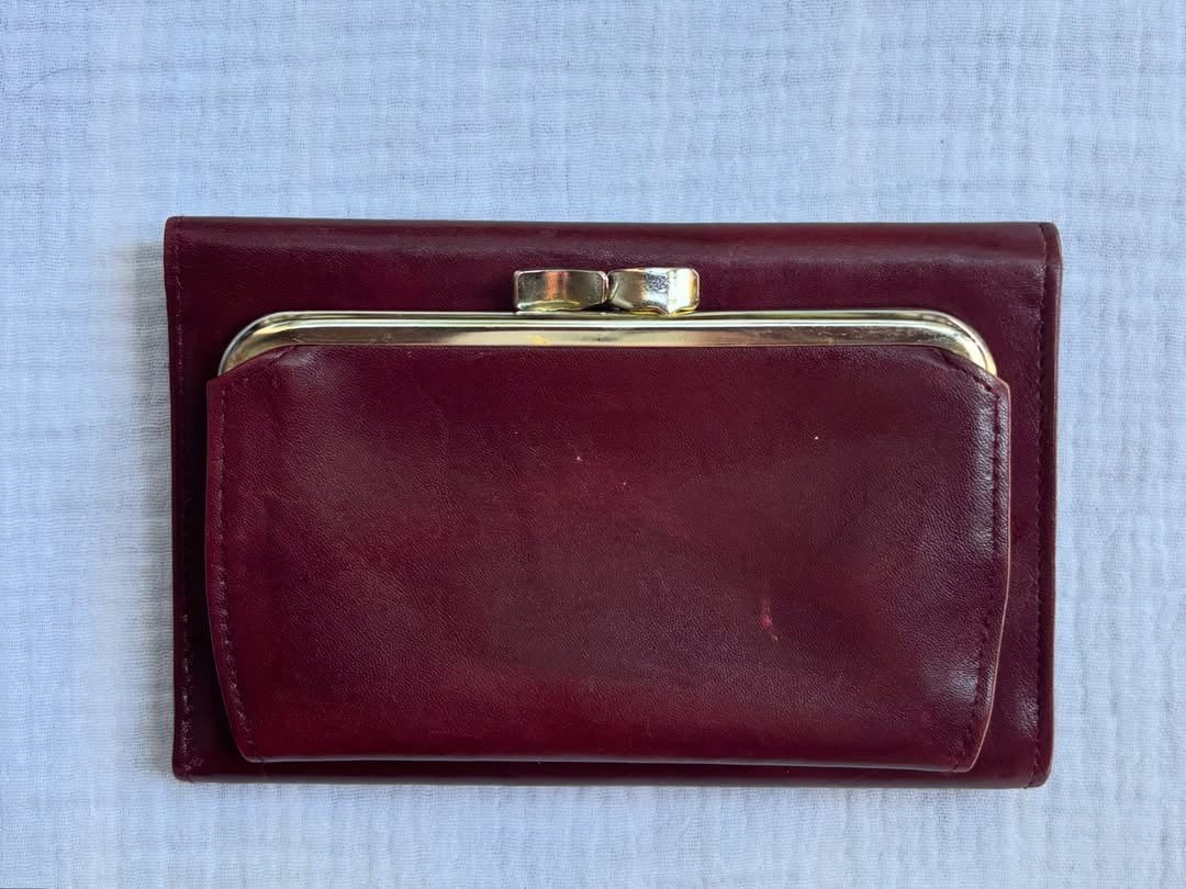 wine glasses, champagne flutes, and a bottle hand-painted on a vintage burgundy buxton leather clutch wallet — another view