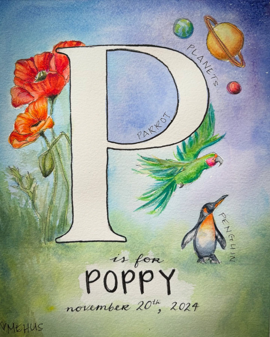 illustrated watercolor monogram letter p