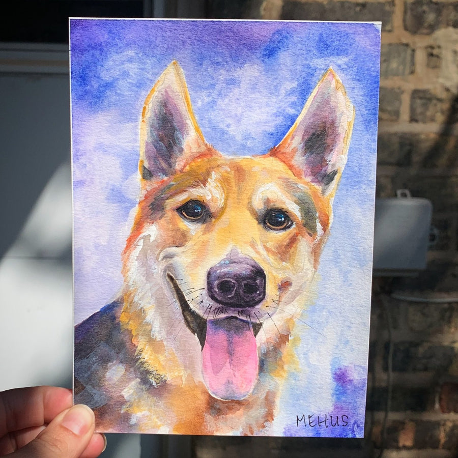watercolor pet portrait of a german shepherd