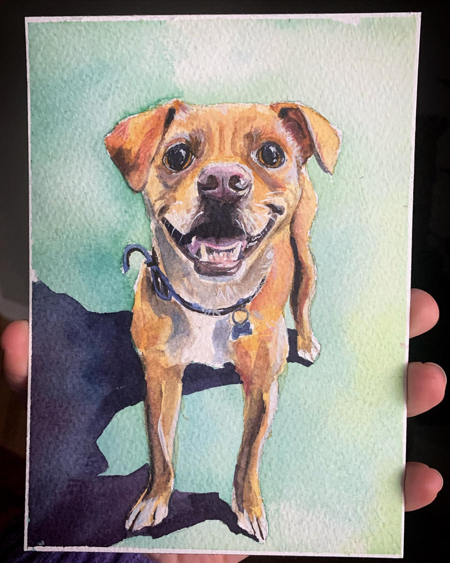 watercolor pet portrait of a smiling tan dog