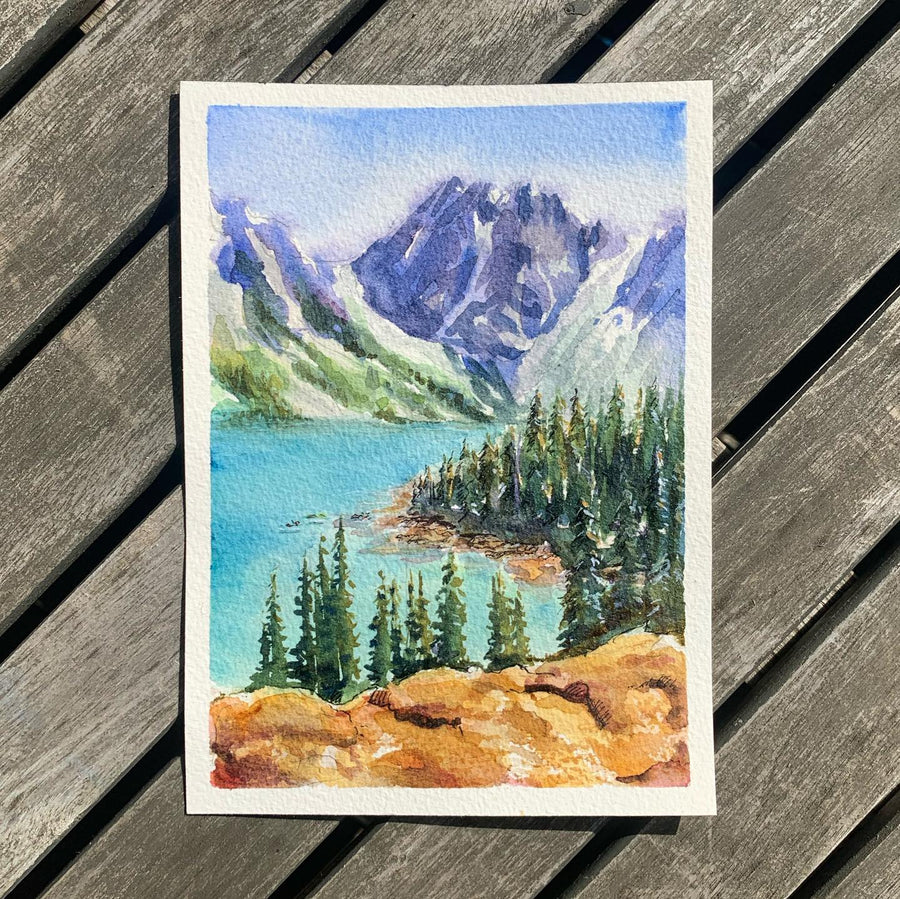 watercolor alpine lake landscape